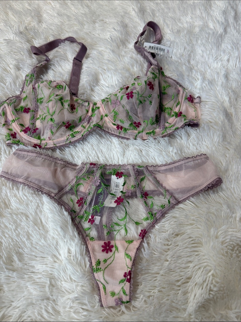Adore Me Sheer Dusty Pink Floral Embroidered Bra & Thong Set